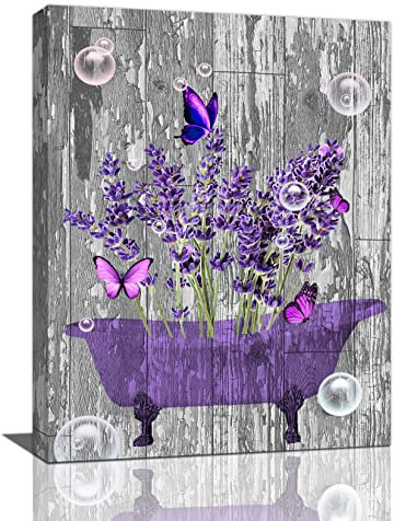 Lavendel Badezimmer Wandkunst Lila Lavendel in Badewanne, Wanddekoration, Vintage Schwarz Weiß Bild Kunst Gerahmt, fertig zum Aufhängen für Badezimmer Wohnzimmer 30.5x40.6 cm
