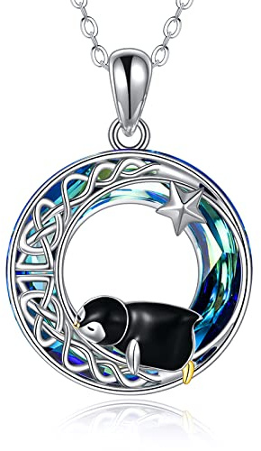 YAFEINI Pinguin Halskette Sterling Silber Keltische Knoten Halbmond Stern Anhänger Halskette Pinguin Schmuck Geschenke für Frauen Tochter
