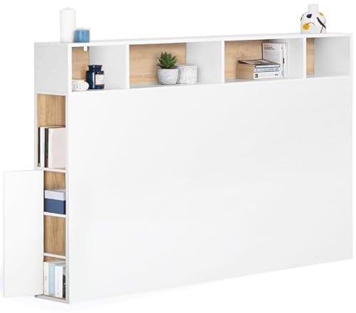 IDMarket - Tête de lit sur Pied Cleo 165 cm avec rangements fermés et niches Blanc et façon hêtre