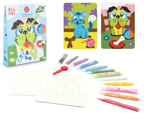 Sabbiarelli Sand-it For Fun - Bag Cat&Dog - Mini Kreativ Bastelset: male mit Sand die Zeichnungen von der Hund und die Katze, 12 farben, Sandbilder für Kinder ab 5+, Kleine Geschenkidee