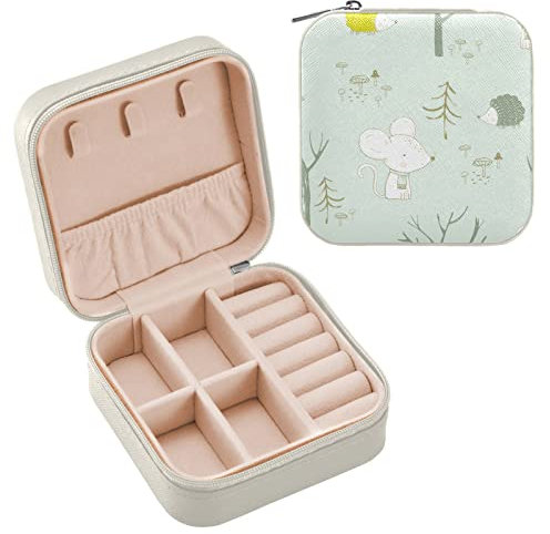 Kleine Schmuckschatulle für Damen, PU-Leder, Reise-Schmuckkästchen für Ringe, Ohrringe, Halsketten, Uhren, Geschenke für Mädchen, Frauen, Maus und Igel
