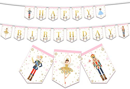 Nutcracker Birthday Banner for Kids and Adults, Nutcracker Party Supplies Decorations Winter Birthday Party Ballet Party Supplies, Mouse King Nutcracker and Ballerina Bunting Banner Garland Fabric