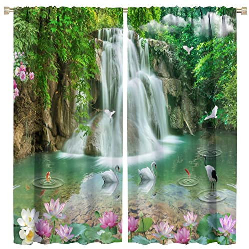 Wasserfall-Deocr Vorhang, japanischer Stil, Wasserfall, Berg, Wolke, Boot, Blume, verträumte Szenen, Heimdekoration, Fenster, Stangentaschen-Vorhang für Wohnzimmer, Kinderzimmer, Jungen, Mädchen,