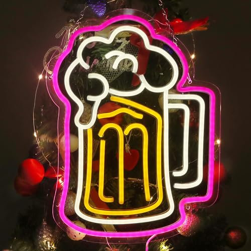 Eufrozy Bier Neon Sign, LED Beer Neon Schild Wand mit 10 Stufen Einstellbares Lichtm, USB Gelb Weiß Rot Neon Lights Decoration Sign für Bar Pub Restaurant Nachtclub Party Hochzeit Wanddekoration