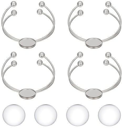 UNICRAFTALE 4 Stück Cabochon Manschetten Armreif Verstellbar 304 Edelstahl Rohlingen Armbänder Mit 20 Stück Transparenten Glascabochons 20.2 mm Flaches Rundes Tablett Armreif DIY Schmuckzubehör