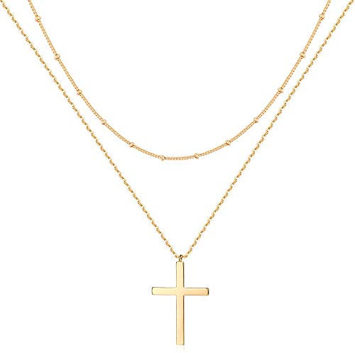 Jenosy Kette Layered Damen Kreuz Kette Gold Personalisierte Kette Kreuz Damen Zarte Halskette mit Kreuz Anhänger Damen Hypoallergene 18K Vergoldete Kette Modeschmuck für Frauen und Mädchen