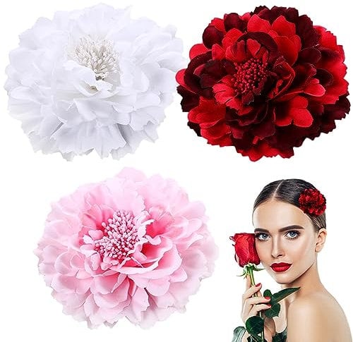 3 Pcs Peony Hairpin, Red & White & Pink Flower Hair Clips, Artificial Vintage Rose Hair Pins Hair Barrette Accessories, Bridesmaid Women Girls Flower Fascinator Brooch for Party Beach Wedding