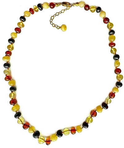 Amberistan Bernsteinkette für Damen mit Silberverschluss – 43+5 cm Verlängerung, 100% echte Bernsteinschmuck-Halskette – Halskette handgefertigt aus baltischem Bernstein (Multi)