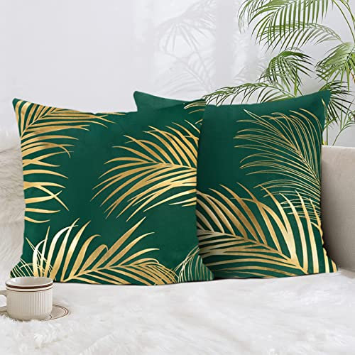 Bonhause 2er Set Kissenbezüge Goldene Blätter 50 x 50 cm Samt Soft Grün Dekorative Kissenhülle Goldfolien-Druck Zierkissenbezüge für Sofa Schlafzimmer Wohnzimmer Zuhause Dekoration