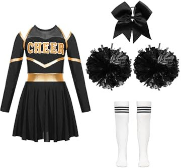 Jowowha Mädchen Cheer Leader Cheerleading Kostüm Langarm Crop Tops mit Rock Pompoms Socken Halloween Kostüm Karneval Fasching Party Aa Weiß&Schwarz 146-152