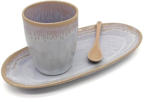 Mea-Living STONEWARE Set L polarweiß, mit Becher, Teller und Löffel, handgemachtes Steingut, Kuchenteller, wunderschönes handmade Geschirr