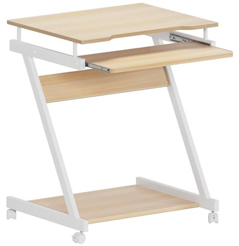 SogesHome Bureau d'Ordinateur Mobile avec Plateau Clavier Coulissant, Table Informatique Compacte sur roulettes, Idéal pour PC Portable, Bureau Maison ou Petit Espace, Blanc Érable 60 x 48 cm