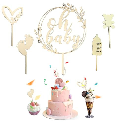 HZAOPZE 5 pcs Oh Baby Cake Topper Holz, Oh Baby Tortendeko für Babyparty Baby Shower Deko, Gender Reveal Partydeko, Kindertaufe schmücken Tortenaufsatz aus, wiederverwendbar