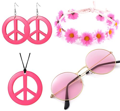 Hippie Kostüm, 5 Stück Hippie Kostüm Damen, Hippie Accessoires, Hippie Haarband, Vintage Hippie Brille Im Stil 60er 70er Jahre,Retro Vintage Brille Friedenszeichen Halskette Sonnenblume Krone Haarband