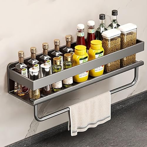 Edumov Gewürzregal Wand Ohne Bohren, Gewürzregal Hängend, Küchenablage Gewürz Regal, Gewürzregale aus Metall, Spice Rack Organizer für Schranktür Bad 30 x 10 x 8 cm, Grau