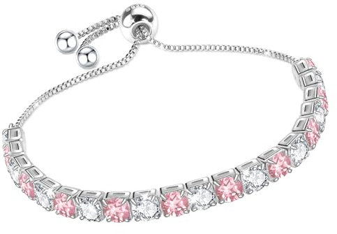 J.Fée Silver Plated Bracelets for Womens Tennis Bracelet with 4MM Pink and White Crystal Adjustable Jewellery with Box,Birthday Gifts For Women Mothers Day Gifts For Mum
