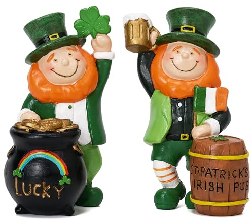 Valery Madelyn St Patricks Day Leprechaun Garden Figurine Home Decor, 2Ct Irish Luckly Tiered Tray Decor with Clover, Medium Green Resin Gnome Saint Patricks Day Gift Decoration for Table Centerpiece
