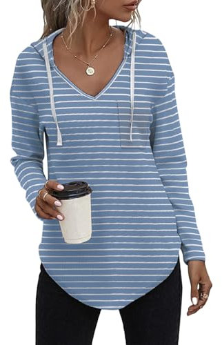 Cuptacc Damen Strickpullover Hoodie Sweatshirt Damen Langarmshirt Hoodies Pullover Sweatshirt Weiße Blau Streifen M