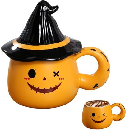 Tazza con coperchio, tazza di zucca per Halloween, simpatica tazza di Halloween, tazza di Halloween con fantasma, tazza di zucca, regalo perfetto per l'autunno (arancione)