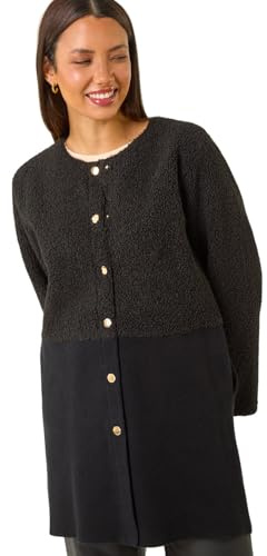 Roman Originals Collarless Contrast Button Knit Jacket for Women UK - Ladies Everyday Autumn Winter Round Neckline Comfy Soft Evening Vacation Work Party Night Out - Black - Size 12