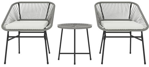 Outsunny Polyrattan Gartenmöbel Set, Outdoor Balkonmöbel für 2 Personen, 3-teilig Bistroset mit 2 Stühle, Beistelltisch, Sitzkissen, wetterfest Sitzgruppe für Garten Balkon Dunkelgrau