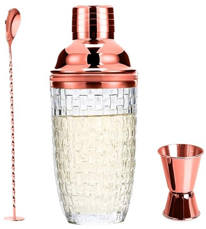 Glass Cocktail Shaker, 400 ml, Rose Gold Clear Glass Cocktail Shaker Set, Cocktail Shaker Glass Mixer with Stainless Steel Measuring Cup and Shovel, Glasses Shaker for Home, Bar, Wine, Mixed Fruit
