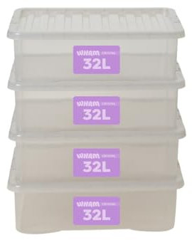 Wham Crystal Plastic Storage Boxes With Lids Home Office Stackable Nestable Container Box, 32L Easy fit Underbed Protective Storage Box, 60 x 40 x 18 cm - Tint Grey (Set of 4)