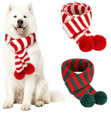 HYLYUN 2er-Set Weihnachtsschal für Hunde, Strickschal für große Hunde | 2 Hundeschals, rot & grün, weicher Strick, zum Binden und Verstellen, 1,2 m lang, für mittelgroße & große Hunde, Weihnachten
