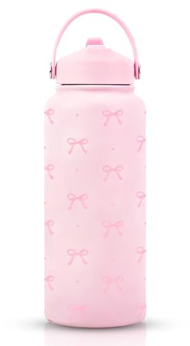 Bouteille isotherme de 1 l avec nœud rose de 1 l avec paille, en acier inoxydable, isotherme, pour boissons froides, conservation de la glace, bouteille isotherme pour enfants, filles, adolescents
