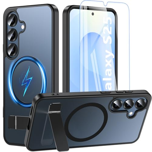 OWKEY Magnetische für Samsung Galaxy S25 Hülle mit Ständer,Matt Schwarz | Kompatibel mit MagSafe,Schutzfolie,Translucent Matt Design,Fingerabdruckarm,Kratzfeste Harte PC-Rückseite