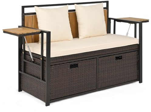 COSTWAY Gartenbank Polyrattan mit Stauraum und Kissen, wetterfeste Sitzbank | 2-Sitzer Balkonbank mit klappbaren Seitenablagen, Truhenbank für Garten, Balkon, Terrasse, 120 x 51 x 82 cm, Beige