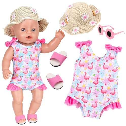 Schwimm-Set für Babypuppen 14-18 Zoll Puppen, Flamingo Puppenkleidung mit 1 Badeanzug 1 Sonnenhut 1 Paar Schuhe 1 Sonnenbrille Schwimmset für 35-45 cm Schwimmpuppe Zubehör Geschen für Kinder