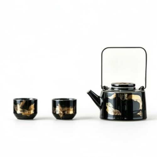 KiBcsLic Teapot and Cups Set Easy to Clean Tableware Arched Handle, Black Round Teapot with Golden Rabbit Pattern and Two Golden-Rimmed Cups