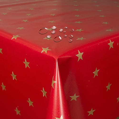 Wachstuch Wachstischdecke Weihnachtstischdecke Sterne Gold Sterne Rot Rechteckig 140 x 160 cm abwaschbare Tischdecke