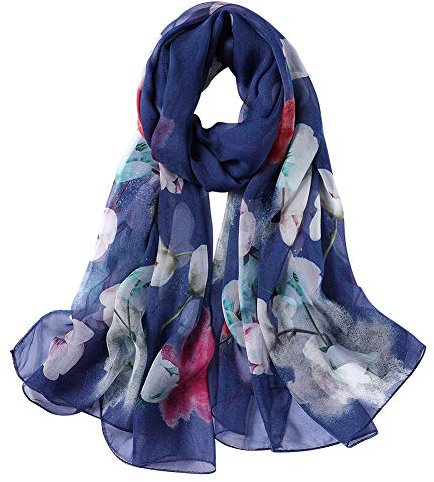 STORY OF SHANGHAI Sciarpa di 100% Seta da Donna Foulard Chiffon con Fantasie Orientale Semi-Trasparente, Tulipani su blu scuro