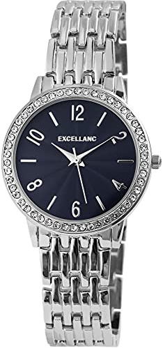 Excellanc Damen-Uhr Metall Gliederarmband Faltschließe Strass Analog Quarz 1800125 (silberfarbig blau)