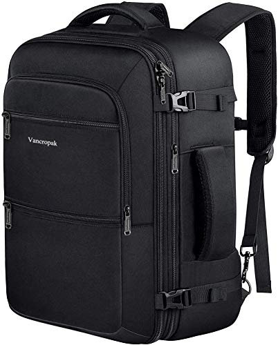 Vancropak Reiserucksack, 40 l, erweiterbarer Handgepäck-Rucksack für Herren und Damen, wasserabweisend, TSA-geprüft, Schwarz