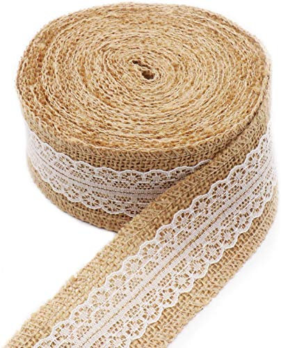TINWARM 10M Natürliche Juteband Spitzenband, Sackleinen Hessische Band mit Weiß Vintage Spitze, für DIY Handwerk Weihnachten Deko Hochzeit Party Dekoration Wohnkultur(5CM Breit)