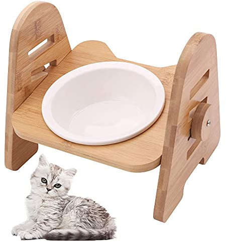 Céramique Gamelles Support Bambou, Gamelles Chien Chat, Bol pour Animaux de Compagnie Surélevé, Bol d'alimentation pour Chien Chat, Bol pour Chat Antidérapant, 6-13 cm 4 Niveaux Réglables, pour Chat