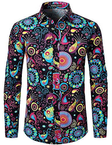 PARKLEES Mens Retro Traditional Ethnic Pattern Printed Linen Long Sleeve Button Down Shirt Multicolor XXXL