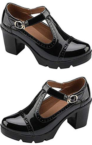 Holibanna Block Heel Women T- Strap Buckle Shoes Platform Heels Chunky Pumps Brogue Pumps Janes Oxfords Round Toe Dress Shoes (Black 36)
