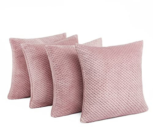 Brentfords Waffle Fleece Set of 4 x Cushion Covers 45 x 45 cm Plush Scatter Home Decor Pack, 18 x 18 - Blush Pink