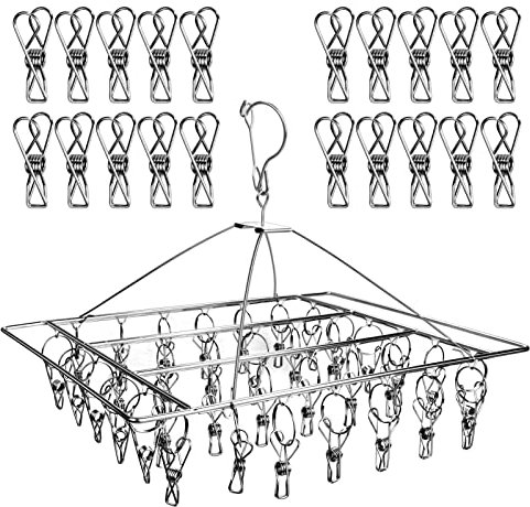 Stainless Steel Sock Drying Rack with 56 pcs Laundry Pegs Windproof Sock Hanger for Washing Line Folding Hanging Clothes dryer for Underwear Socks Baby Clothes and Small Items