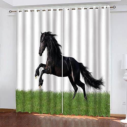 Kinder Gardinen Kinderzimmer Junge Mädchen Blickdicht Gras Schwarzes Tier Pferd 280X260Cm 2Er Set Verdunkelungsvorhang Thermovorhang Hitzeschutz Vorhänge Wohnzimmer Schlafzimmer Vorhänge Mit Ösen