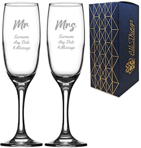 Personalised Engraved Wedding Champagne Set Mr and Mrs, His and Hers, Any Date and Message Glasses, Holds Up to 7.5oz/221ml, Imperial Flute, Script Font