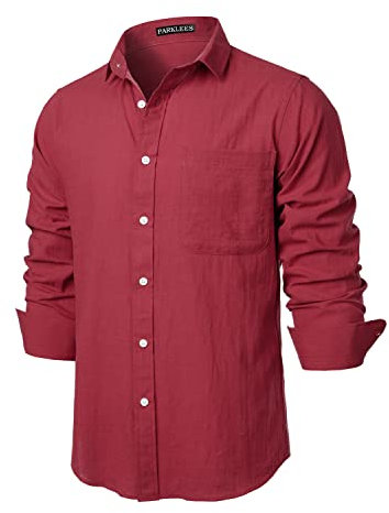PARKLEES Herrenhemd, normale Passform, Baumwollähnliches Leinen, lässig, langärmelig, Button-Down-Shirt, mit Tasche, Rotbraun, XL
