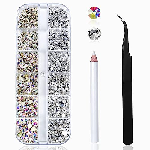 CUHZA Piedras de Strass de 1400 piezas, Gemas de espalda plana de 6 tamaños, cristal de diamantes de imitación AB y para uñas/ropa, con pinzas de recogida y punteador de diamantes de imitación