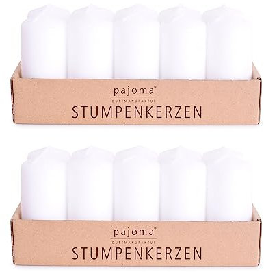 pajoma® Stumpenkerzen Weiß - 2x 10 Stück | Ø 4 x 9 cm | Brenndauer: ca. 9 Stunden | Hochwertiges Paraffin & Baumwolldocht | ideal für Gastronomie, Hotels, Kirchen & Feierlichkeiten