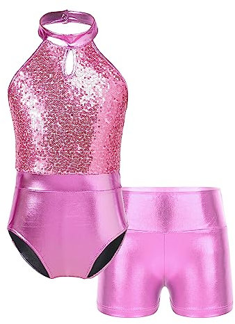 YiZYiF Paillettes Body da Ginnastica Artistica Bambina Vestito da Balletto Leotard Senza Maniche Body Danza Strass Leotards con Pantaloncini Rosa 9-10 anni