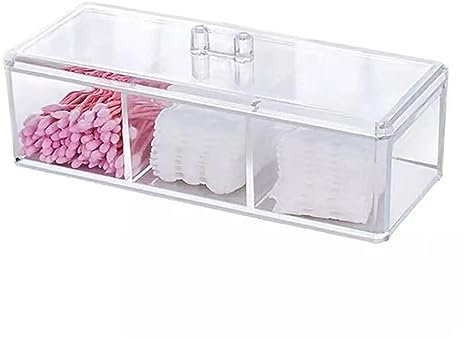 JRIQH Qtip Spender mit 3 Fächern. Qtip Organizer und Aufbewahrung mit Deckel für Badezimmer, Waschtisch-Arbeitsplatte für Wattestäbchen, Wattestäbchen, Lippenstift, Haarnadel, Kosmetik (3 Fächer,